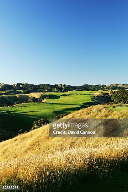 The 500 yard par 5, 16th hole at Cape Kidnappers, on January 07 in Hawkes Bay, New Zealand.