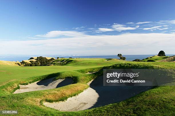 The 420 yard par 4, 5th hole at Cape Kidnappers, on January 07 in Hawkes Bay, New Zealand.