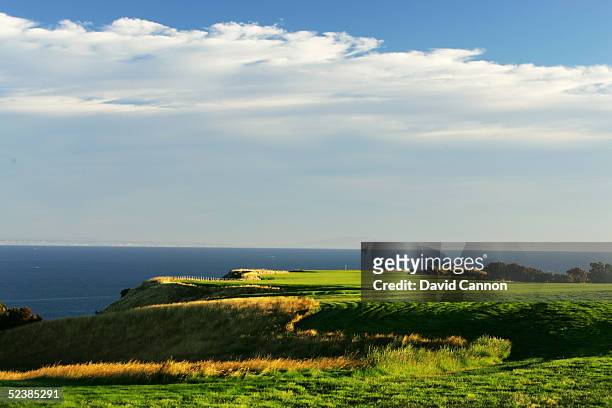 The 650 yard par 5, known as the 'Pirates Plank' 15th hole at Cape Kidnappers, on January 07 in Hawkes Bay, New Zealand.