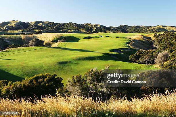 The 500 yard par 5, 16th hole at Cape Kidnappers, on January 07 in Hawkes Bay, New Zealand.