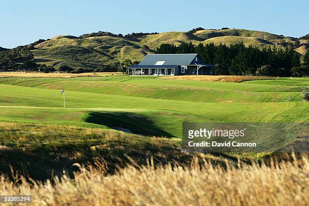 The Clubhouse from the 11th tee with the 470 yard par 4 10th hole at Cape Kidnappers, on January 07 in Hawkes Bay, New Zealand.