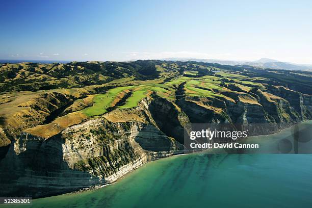 An aerial view of the entire course perched on the cliffs at Cape Kidnappers, on January 11 in Hawkes Bay, New Zealand.