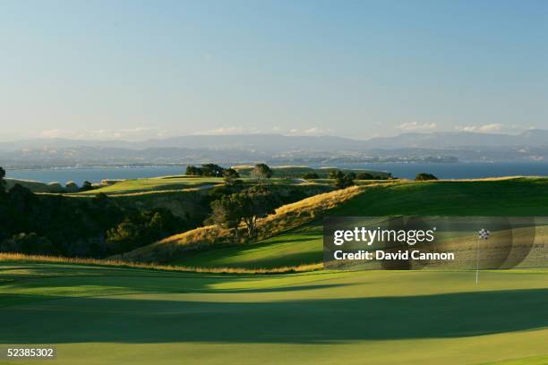 The green on the 403 yard par 4, 9th hole with the 5th green in the distance at Cape Kidnappers, on January 07 in Hawkes Bay, New Zealand.