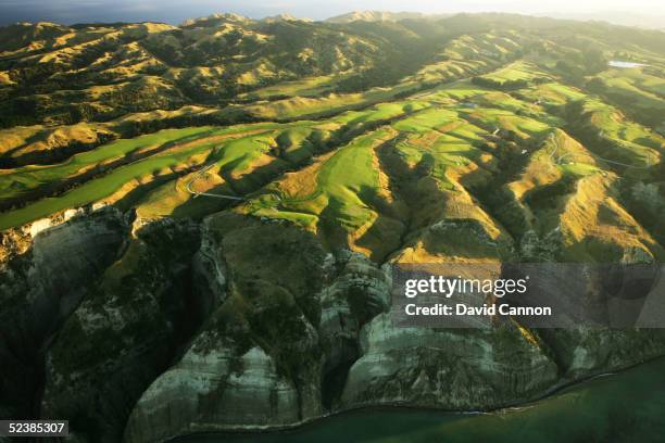 An aerial view of the entire course perched on the cliffs at Cape Kidnappers, on January 11 in Hawkes Bay, New Zealand.