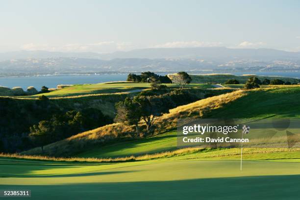 The green on the 403 yard par 4, 9th hole with the 5th green in the distance at Cape Kidnappers, on January 07 in Hawkes Bay, New Zealand.