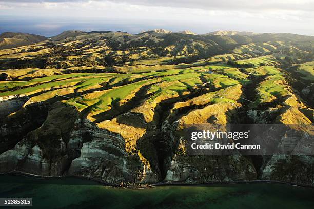 An aerial view of the entire course perched on the cliffs at Cape Kidnappers, on January 11 in Hawkes Bay, New Zealand.