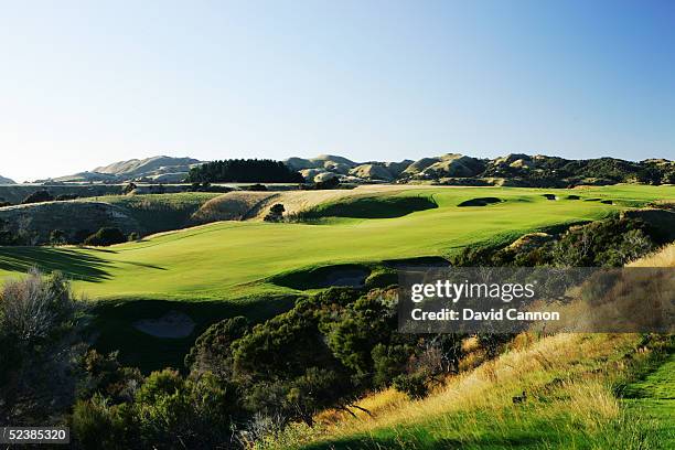 The 500 yard par 5, 16th hole at Cape Kidnappers, on January 07 in Hawkes Bay, New Zealand.