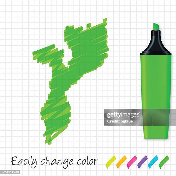 mozambique map hand drawn on grid paper, green highlighter - maputo mozambique stock illustrations