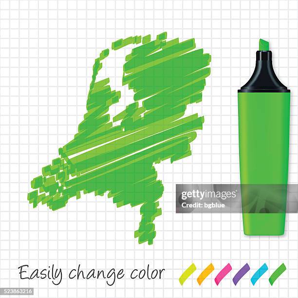 netherlands map hand drawn on grid paper, green highlighter - felt stock illustrations