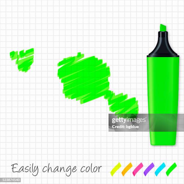 tahiti - polynesia map hand drawn, grid paper, green highlighter - french polynesia stock illustrations