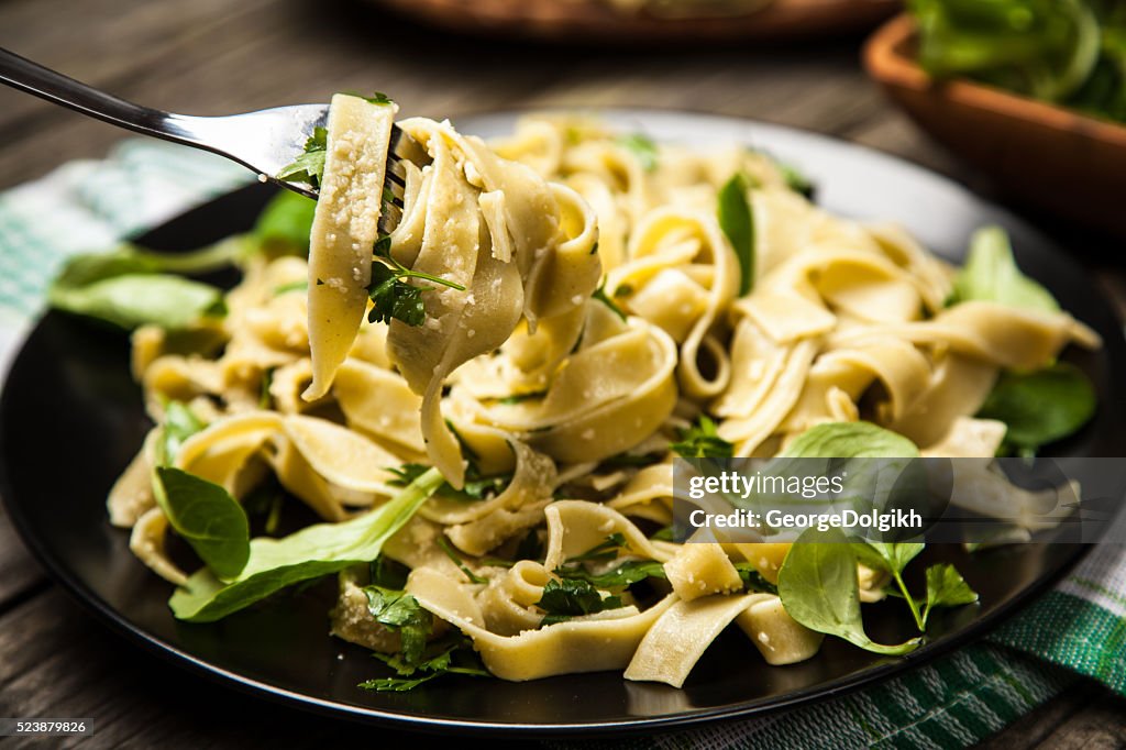 Cooked tagliatelle on a plate