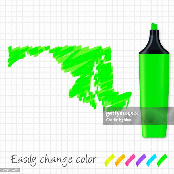 maryland karte handgezeichnet auf raster papier, grüner leuchtmarker - maryland us state stock-grafiken, -clipart, -cartoons und -symbole