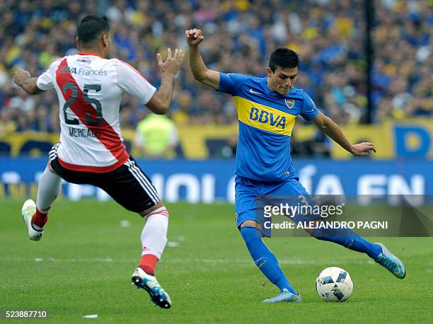Boca Juniors's defender Jonathan Silva shoots the ball in front River Plate's defender Gabriel Mercado during the Argentina First Divison football...