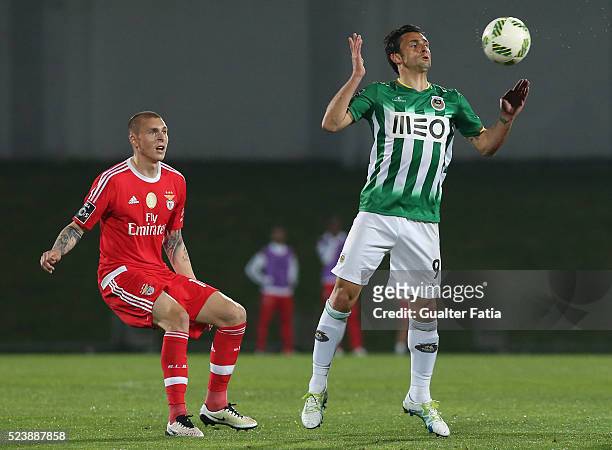Rio Ave FC's forward Helder Postiga with SL Benfica's defender from Sweden Victor Lindelof in action during the Primeira Liga match between Rio Ave...
