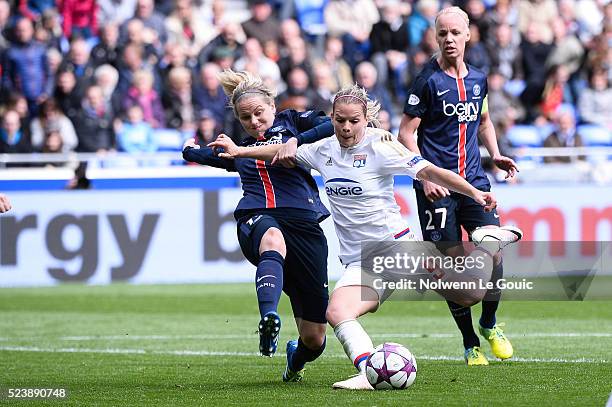 Eugenie Le Sommer of Lyon and Lisa Dahlkvist of PSG during the UEFA women's Champions League semi-final match between Olympique Lyonnais and Paris...