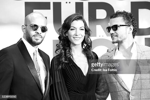 Actor Abdullah Al Muslemani, austrian actress Amira El Sayed and actor and producer Arcadiy Golubovich attend the German premiere for the film 'A...