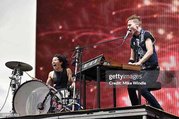 Musicians Kim Schifino and Matt Johnson of Matt and Kim perform onstage during day 3 of the 2016 Coachella Valley Music & Arts Festival Weekend 2 at...