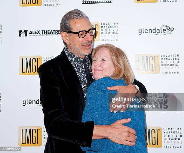 Fan hugs Jeff Goldblum at the 3rd annual Location Managers Guild International Awards at The Alex Theatre on April 23, 2016 in Glendale, California.