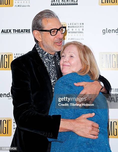 Fan hugs Jeff Goldblum at the 3rd annual Location Managers Guild International Awards at The Alex Theatre on April 23, 2016 in Glendale, California.