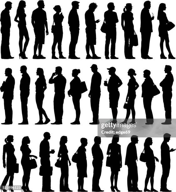 large group of people silhouettes waiting in line - waiting stock illustrations