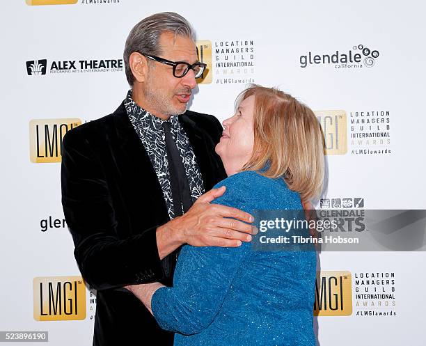 Fan hugs Jeff Goldblum at the 3rd annual Location Managers Guild International Awards at The Alex Theatre on April 23, 2016 in Glendale, California.