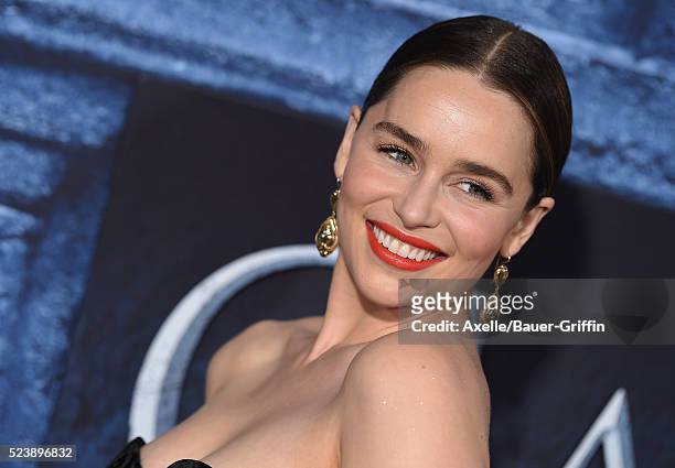 Actress Emilia Clarke arrives at the premiere of HBO's 'Game Of Thrones' Season 6 at TCL Chinese Theatre on April 10, 2016 in Hollywood, California.