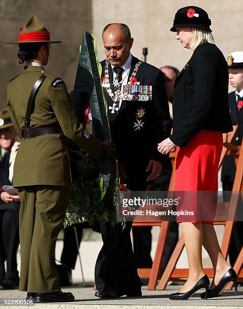Governor-General Sir Jerry Mateparae and Lady Janine Mateparae lay a wreath during the National Commemoration Service at Pukeahu National War...