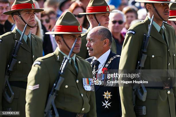 Governor-General Sir Jerry Mateparae inspects the guard during the National Commemoration Service at Pukeahu National War Memorial Park on April 25,...