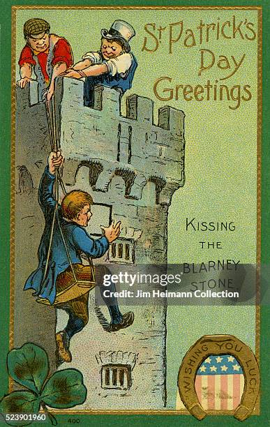 Illustration for Saint Patrick's Day postcard featuring two men lifting another man by rope up the side of Blarney Castle to kiss the Blarney Stone.