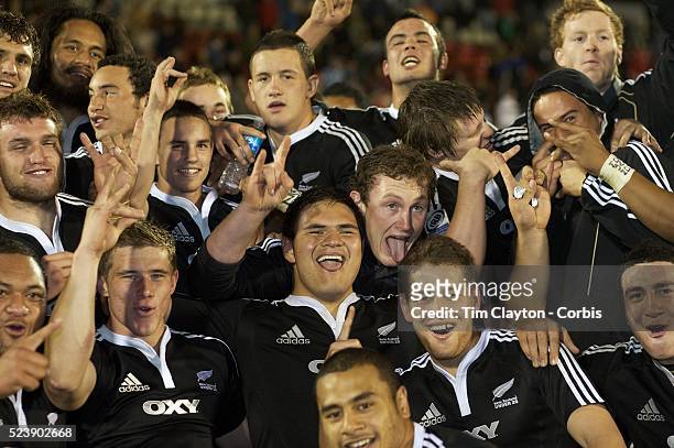 New Zealand players celebrate after winning the IRB Junior World Championships in Argentina. New Zealand won the final against Australa 62-17 at...