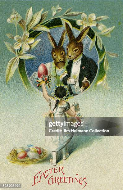 Illustration for Easter postcard featuring young girl handing Easter eggs to pair of rabbits.