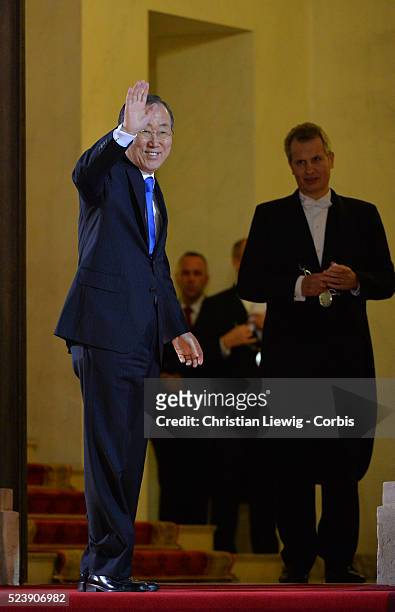 Secretary General Ban Ki-moon arrives for a dinner with the French President as part of the Summit for Peace and Security in Africa at the Elysee...
