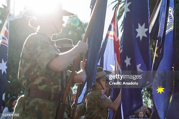 The Australian soldiers and army band march during the "Anzac Day Parade" prior to 101st anniversary of the Australian and New Zealand Army Corp...