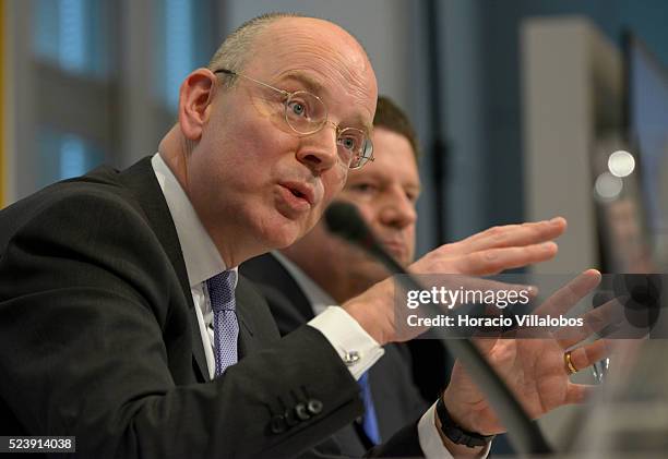 Commerzbank CEO and Chairman of the Board of Managing Directors Martin Blessing , with the bank's CFO Stephan Engels , makes a point during the press...