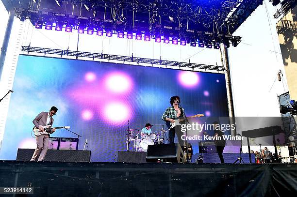 Musicians Adam Hann, George Daniel, Matthew Healy and Ross MacDonald of The 1975 perform onstage during day 3 of the 2016 Coachella Valley Music &...