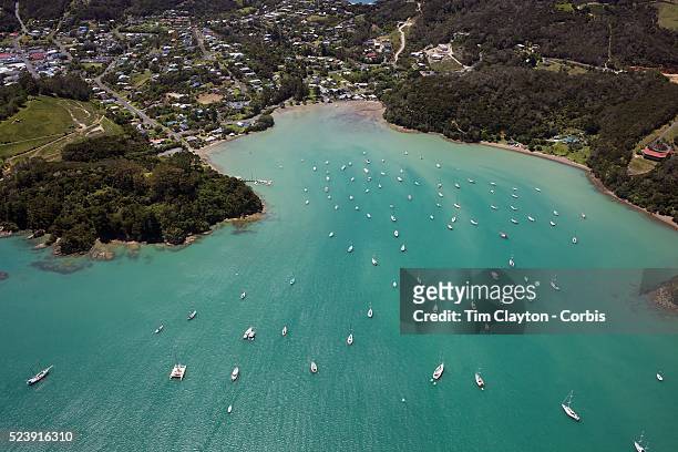 An aerial view of Russell, a small, historic seaside village on a peninsula in the eastern Bay of Islands, North Island, New Zealand. ..The Bay of...