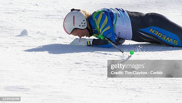 Winter Olympics, Vancouver, 2010 Anja Paerson, Sweden, crashing out in the Alpine Skiing Ladies downhill at Whistler Creekside, Whistler, during the...