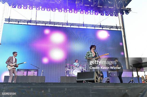 Musicians Adam Hann, George Daniel, Matthew Healy and Ross MacDonald of The 1975 perform onstage during day 3 of the 2016 Coachella Valley Music &...
