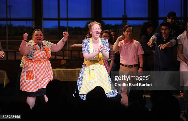 Actors Jessie Mueller; Keala Settle; Kimiko Glenn attends "Waitress" Broadway opening night curtain call at The Brooks Atkinson Theatre on April 24,...