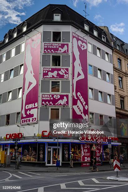 Brothels in the Red-light district, Frankfurt, Germany, 31 July 2013. The Red-light district area in Frankfurt is known as Bahnhofsviertel, opposite...