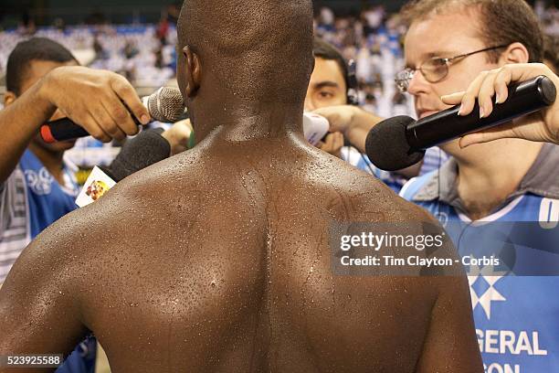 Radio commentators interview players at half time during the Botafogo V Vasco, Futebol Brasileirao League match at Estadio Ol��mpico Joao Havelange,...