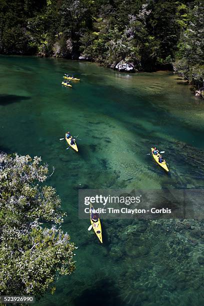 Kayakers venture down crystal clear waters of a sheltered lagoon in the Abel Tasman National Park., South Island, New Zealand, The Abel Tasman...