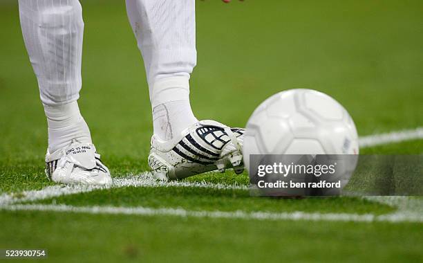 David Beckham of England prepares to take a corner wearing his personalised Adidas football boots during the Group Six, FIFA World Cup Qualifying...