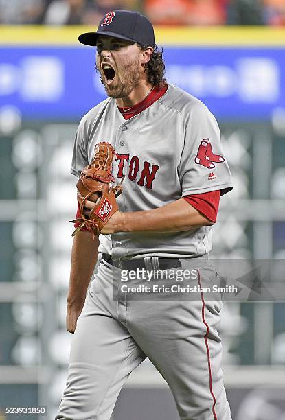 Heath Hembree of the Boston Red Sox reacts after striking out Marwin Gonzalez of the Houston Astros to win the game during the twelfth inning at...