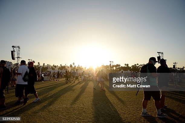 Sunset as seen during day 3 of the 2016 Coachella Valley Music & Arts Festival Weekend 2 at the Empire Polo Club on April 24, 2016 in Indio,...