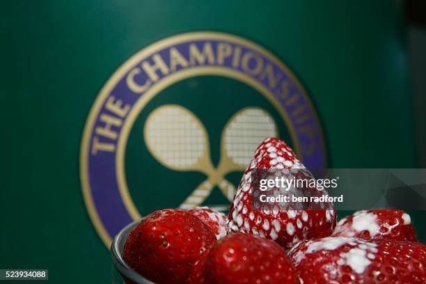 Strawberries at Wimbledon, on Day 9 of the 2009 WImbledon Tennis Championships at the All England Lawn Tennis and Croquet Club in Wimbledon, London,...