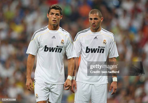 Cristiano Ronaldo and Karim Benzema of Real Madrid during the 2009 Peace Cup match between Real Madrid and Liga de Quito at the Estadio Santiago...