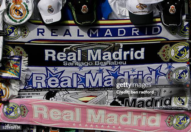 Real Madrid merchandising outside the stadium before the La Liga 1st Division match between Real Madrid and C.D.Tenerife at the Stadio Santiago...