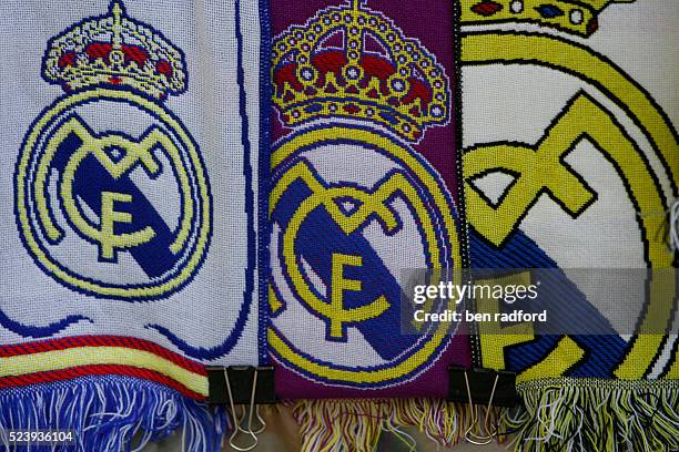 Multo coloured Real Madrid scarfs before the La Liga 1st Division match between Real Madrid and C.D.Tenerife at the Stadio Santiago Bernabeu in...