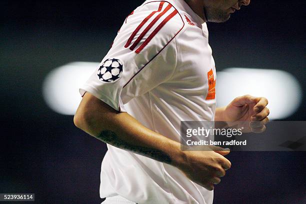 Champions League branding on the arm of a Debreceni VSC player during the UEFA Champions League Group E match between Liverpool and Debreceni VSC at...